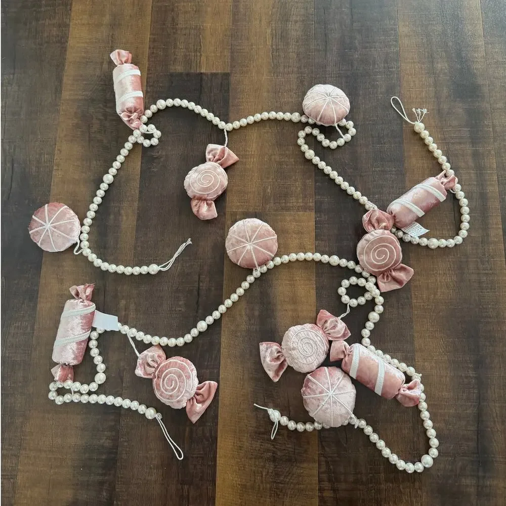 Martha Stewart Candy Shop Christmas Garland Pink Velvet Candy Pearl Bead 6 Ft